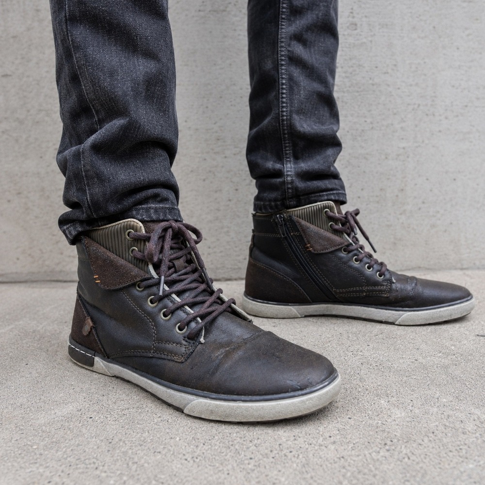 Distressed Black Leather High Top Moto Sneakers Side Zip Lace Up